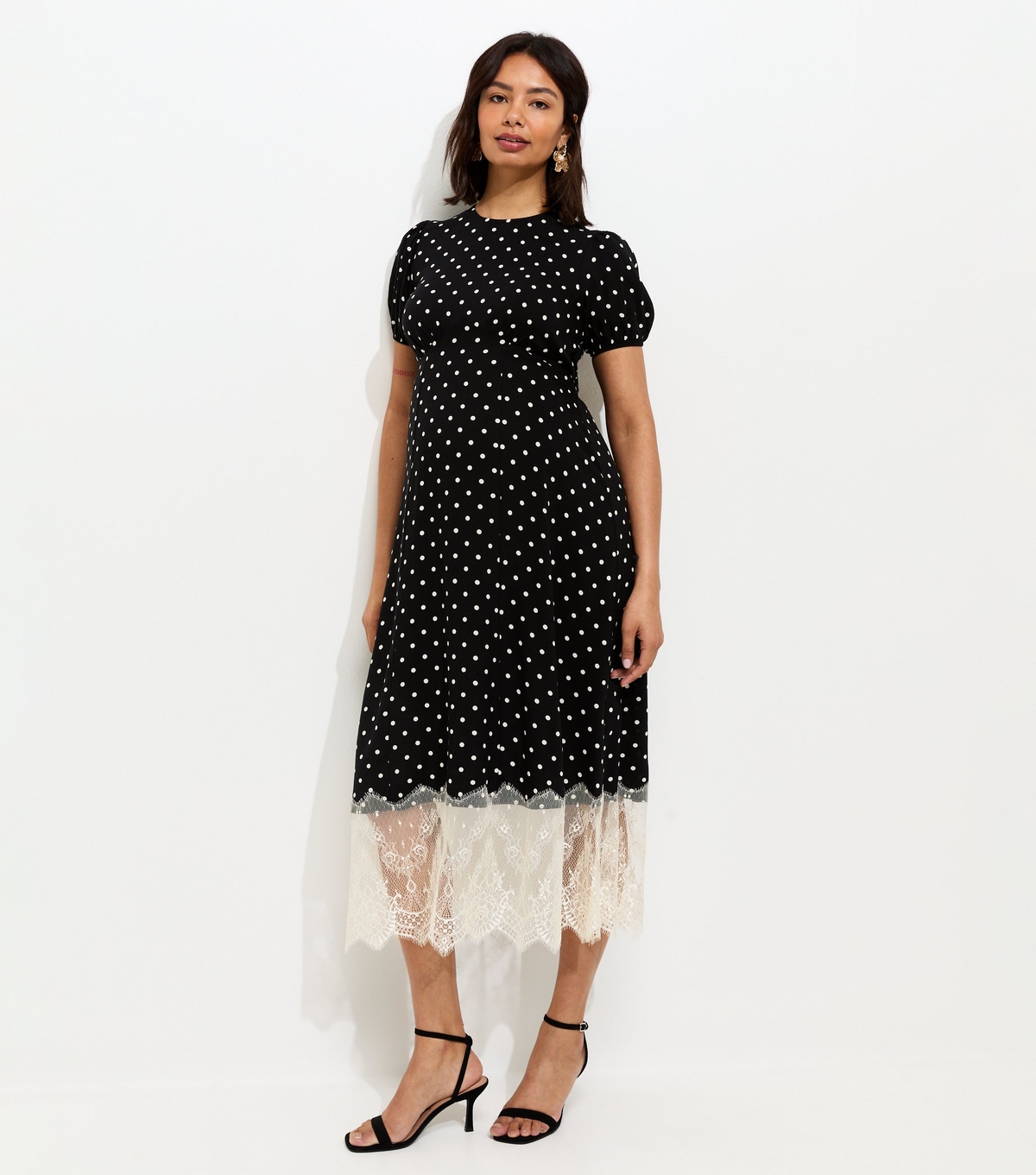Women's Maternity Black Polka Dot Lace Trim Midi Dress New Look