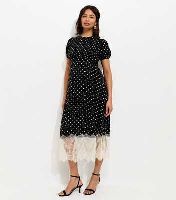 Maternity Black Polka Dot Lace Trim Midi Dress
