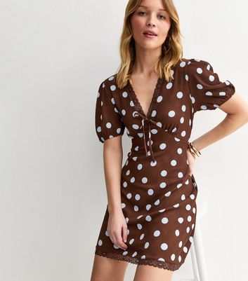 Brown Polka Dot Lace Trim Mini Dress | New Look