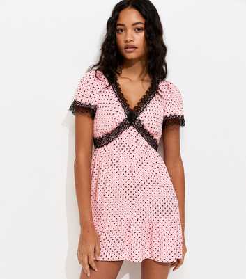Light Pink Polka Dot Lace Trim Mini Dress