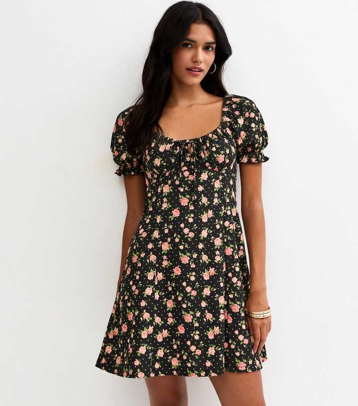 Black Floral Ruched Bodice Mini Dress