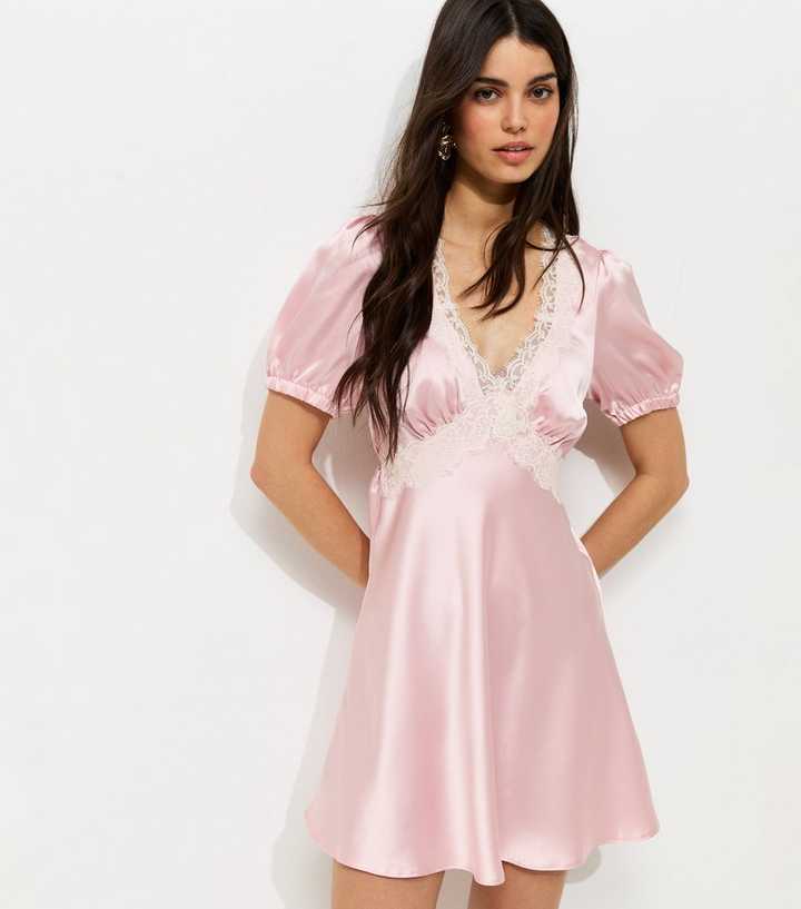 Light Pink Satin Lace Trim Mini Dress