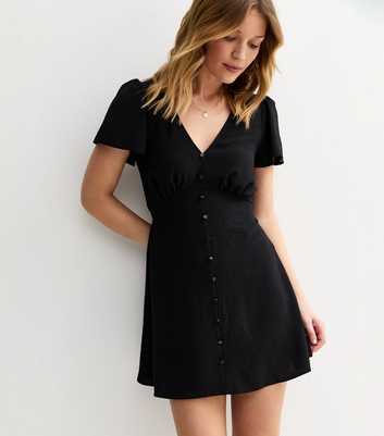 Black V-Neck Button Up Mini Tea Dress