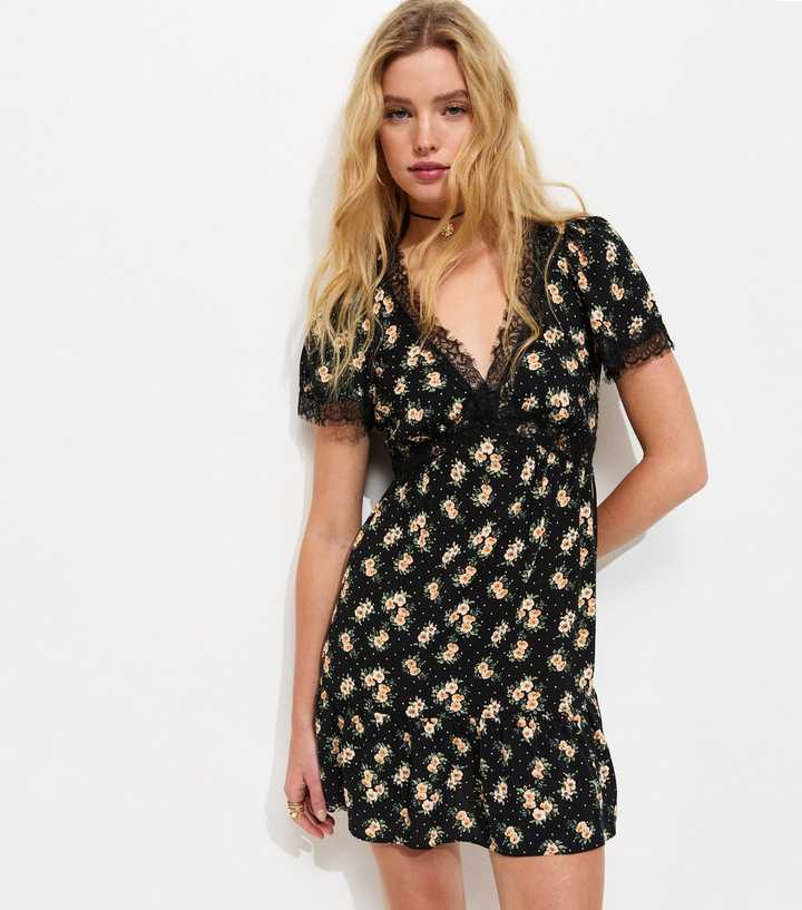 Black Floral Lace Neck Mini Dress