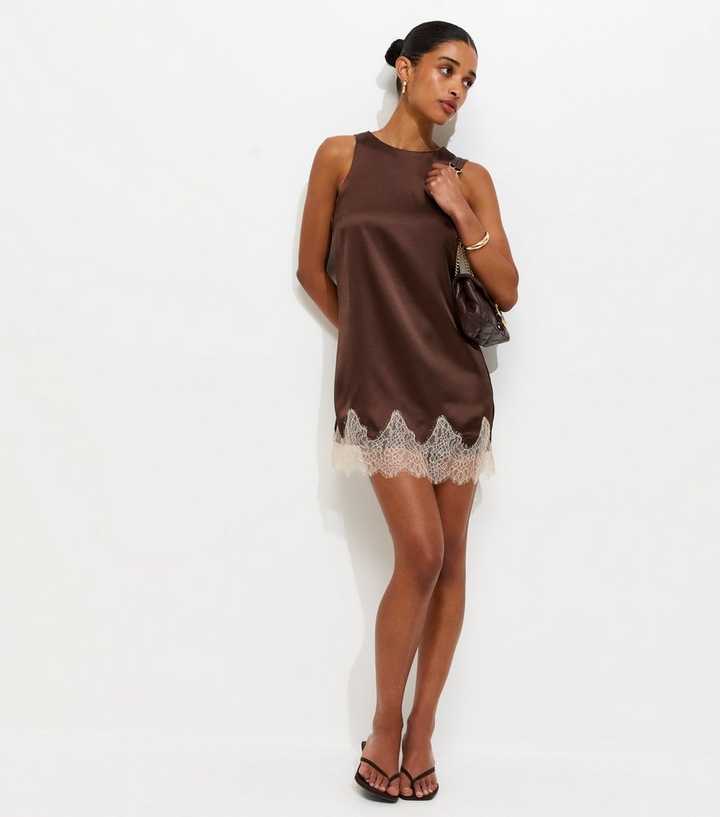 Brown Satin Shift Lace Trim Mini Dress