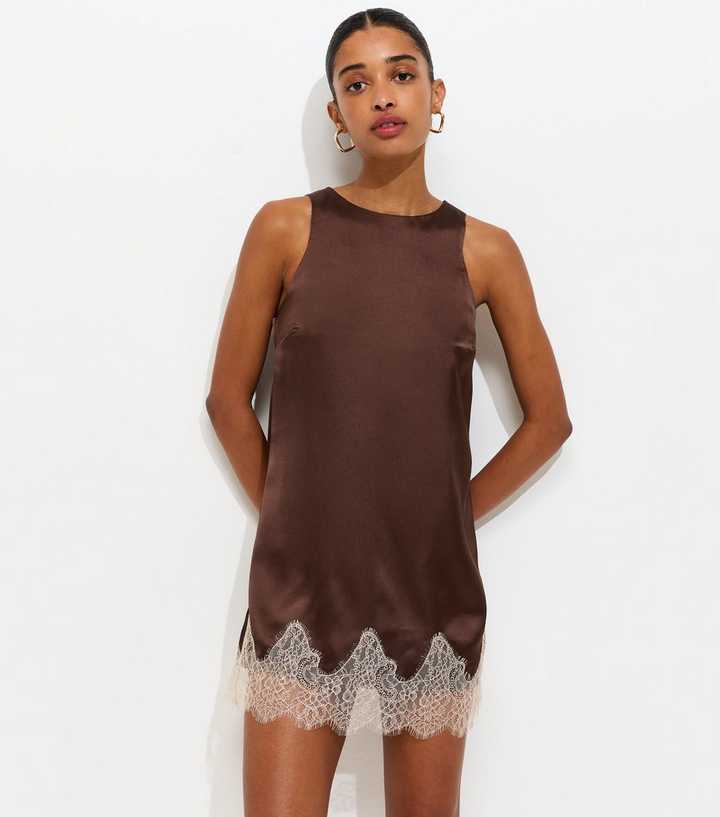 Brown Satin Shift Lace Trim Mini Dress | New Look