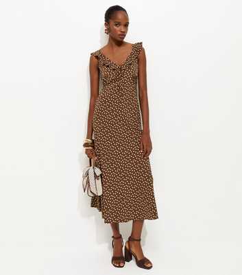 Brown Ruffle Strap Polka Dot Midi Dress