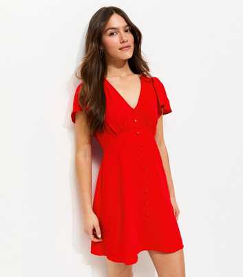 Petite Red Flutter Sleeve Mini Tea Dress
