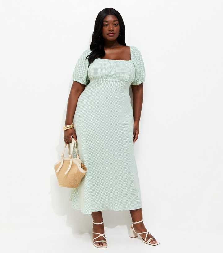 Curves Green Gingham Milkmaid Midi Dress