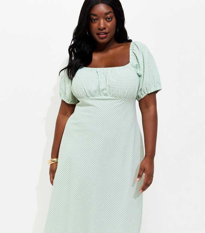 plus size green gingham dress Green Check Mini Dress Tie Gingham Puff Sleeve