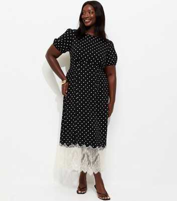 Curves Black Spot Print Lace Hem Midi Dress