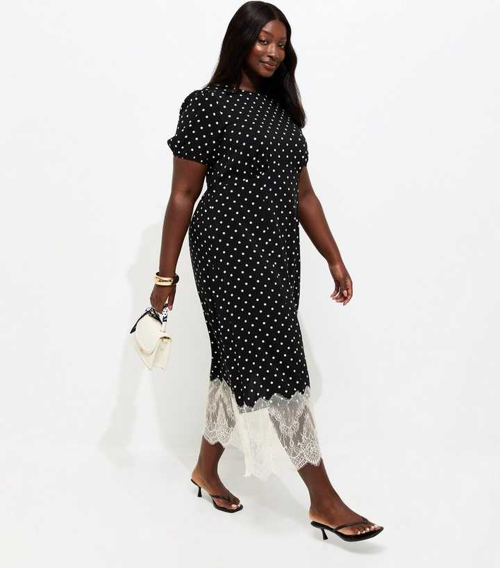 Curves Black Spot Print Lace Hem Midi Dress