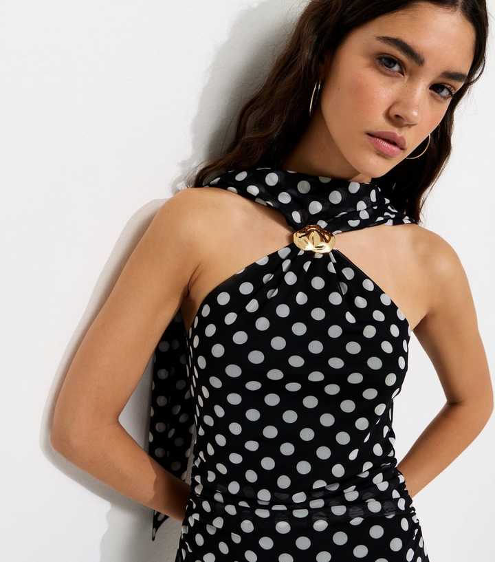 Black Polka Dot Halter Neck Mesh Mini Dress | New Look