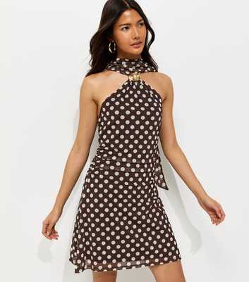 Brown Polka Dot Halter Neck Mesh Mini Dress