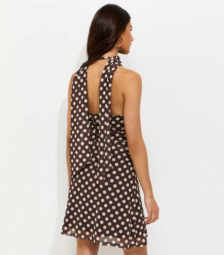 Brown Polka Dot Halter Neck Mesh Mini Dress | New Look Brown Polka Dot Halter Neck Mesh Mini Dress | New Look