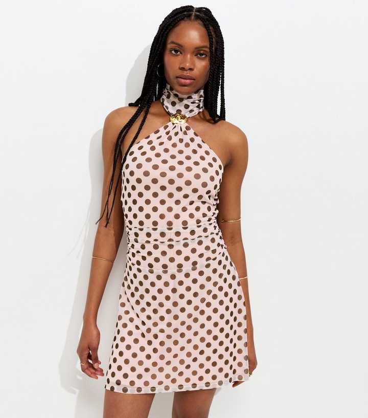 Pink Polka Dot Halter Neck Mesh Mini Dress