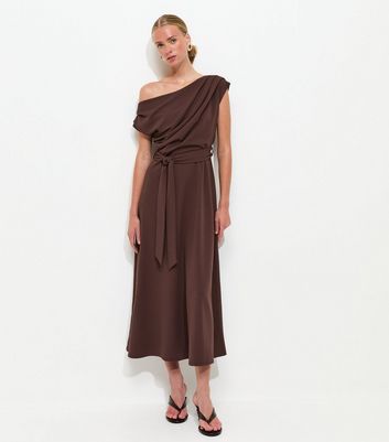 Dark Brown Fallen Shoulder Tie Waist Midi Dress