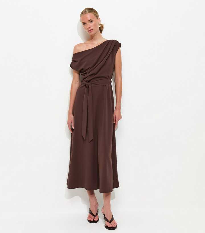 Dark Brown Fallen Shoulder Tie Waist Midi Dress