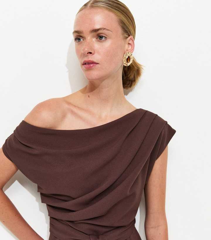Dark Brown Fallen Shoulder Tie Waist Midi Dress | New Look