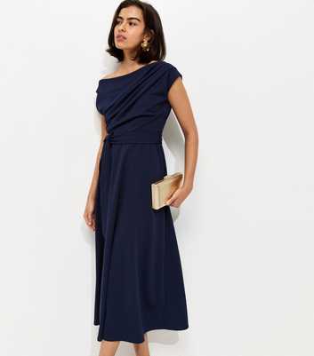 Navy Fallen Shoulder Tie Waist Midi Dress