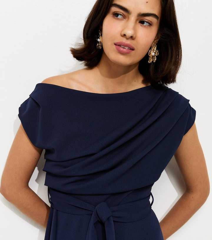 Navy Fallen Shoulder Tie Waist Midi Dress | New Look