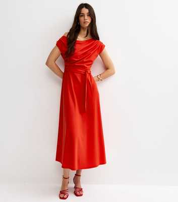 Dark Coral Fallen Shoulder Tie Waist Midi Dress