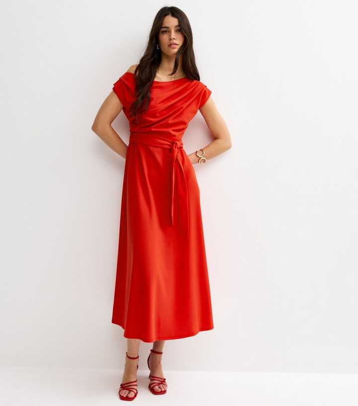 Dark Coral Fallen Shoulder Tie Waist Midi Dress