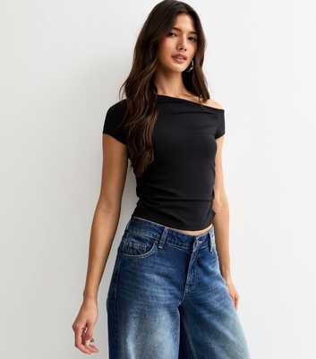 Black Slinky Off Shoulder Gathered Side Top