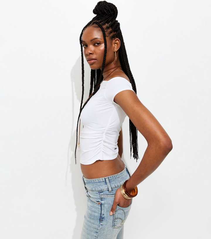 White Slinky Off Shoulder Gathered Side Top