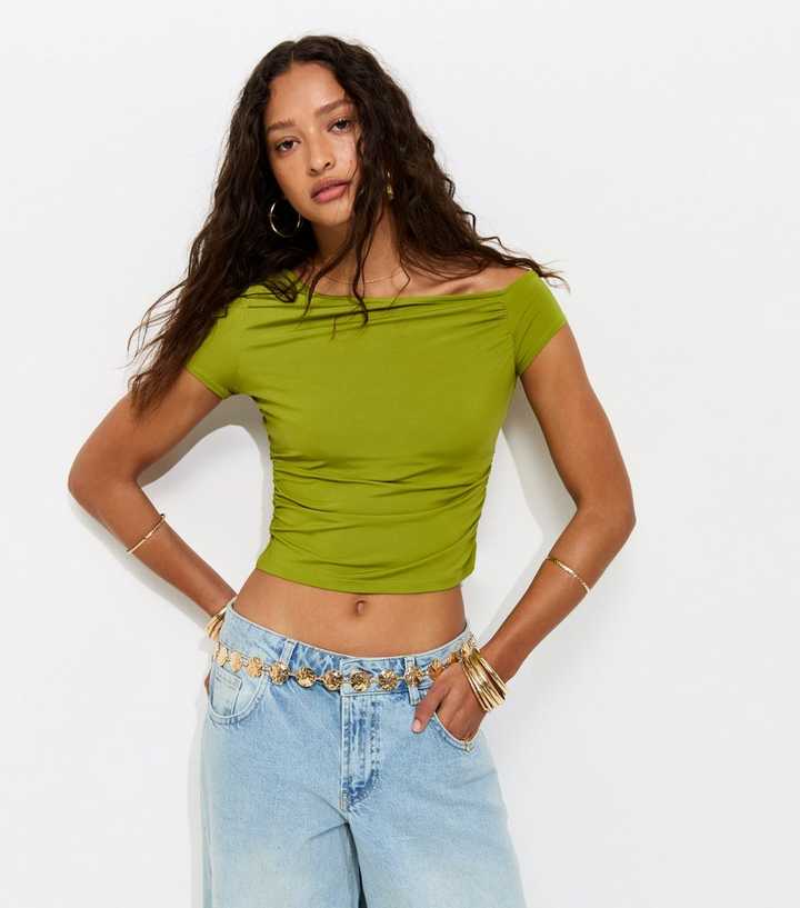 Bright Green Slinky Off Shoulder Gathered Side Top