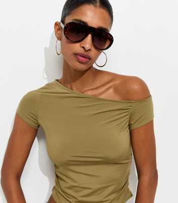 Light Khaki Off Shoulder Gathered Side Top