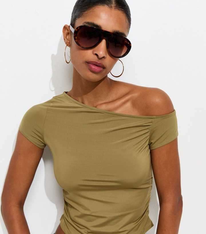 Light Khaki Off Shoulder Gathered Side Top