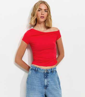 Red Off Shoulder Gathered Side Top