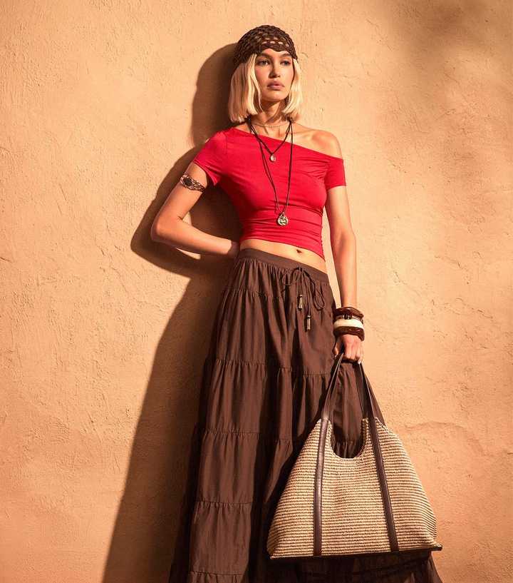Red Slinky Off Shoulder Gathered Side Top