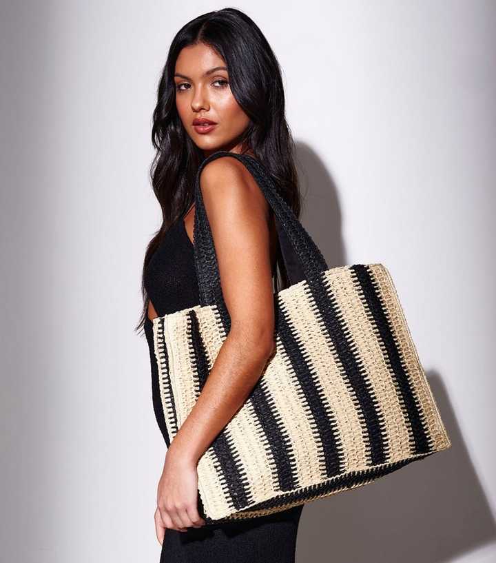 South Beach Black Straw Stripe Tote Bag