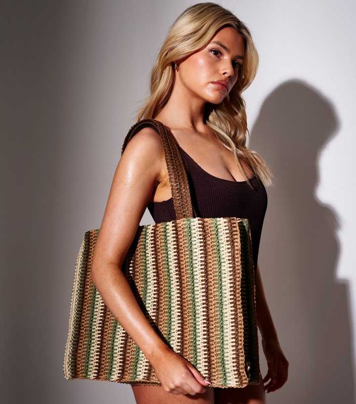 South Beach Brown Straw Stripe Tote Bag