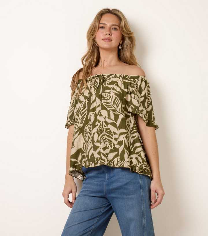 Blue Vanilla Dark Khaki Leaf Print Tie Front Top