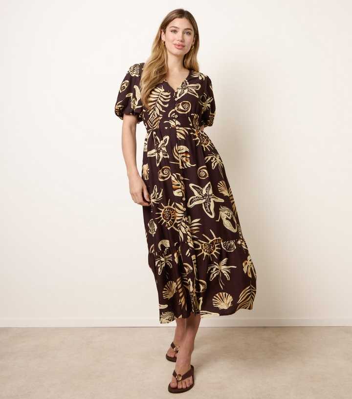 Blue Vanilla Dark Brown Starfish Print Midi Dress