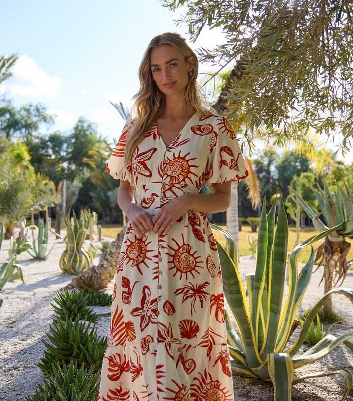 Blue Vanilla Orange Starfish Print Midi Dress