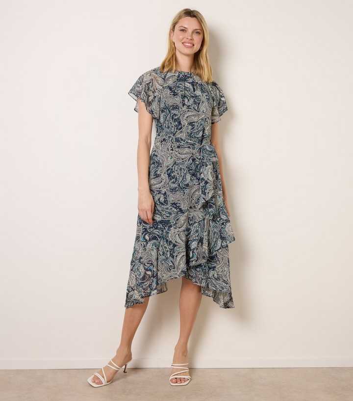 Blue Vanilla Navy Paisley Asymmetric Midi Dress | New Look