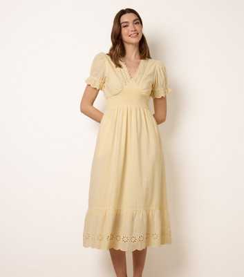 Blue Vanilla Light Yellow Cotton Broderie Anglaise Midi Dress