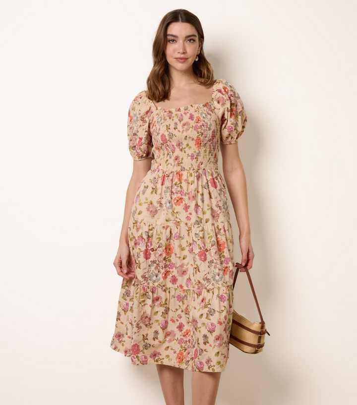 Blue Vanilla Yellow Cotton Floral Tiered Midi Dress