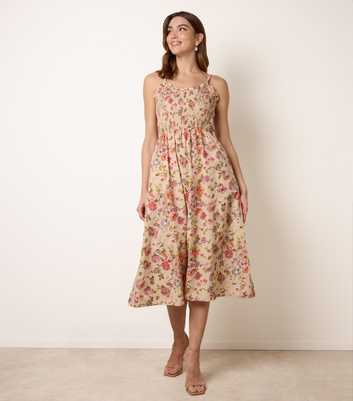 Blue Vanilla Yellow Cotton Floral Shirred Midi Dress