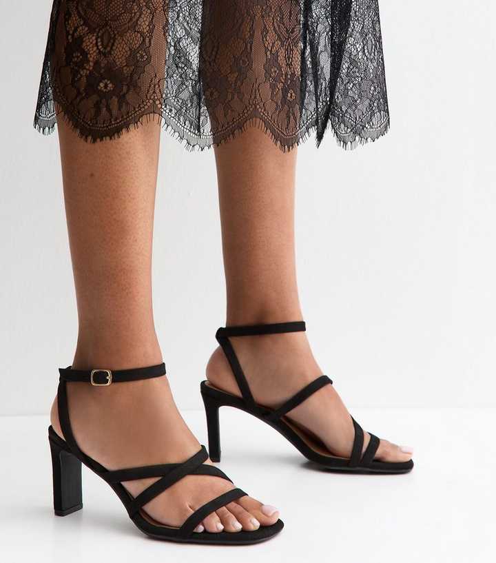 Black Faux Suede Strappy Heeled Sandals