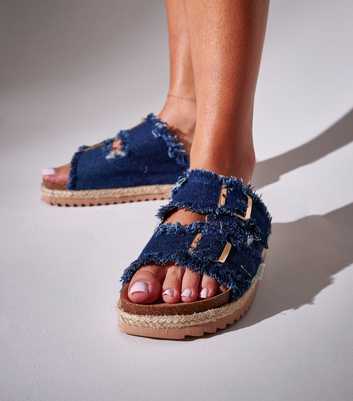 South Beach Dark Blue Denim Fringed Espadrille Sandals