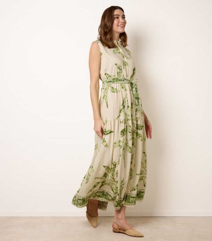 Blue Vanilla Green Leaf Print Sleeveless Midi Dress
