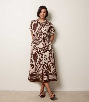 Blue Vanilla Dark Brown Leaf Print Belted Midi Dress
