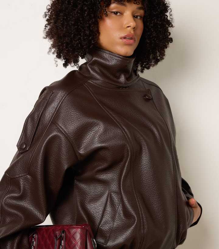 Blue Vanilla Dark Brown Faux Leather High Collar Jacket