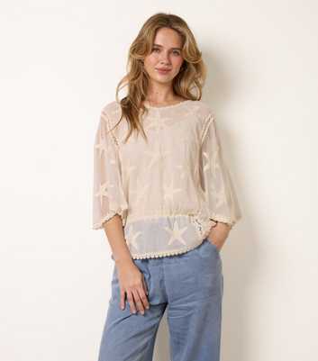 Blue Vanilla Stone Semi Sheer Starfish Embellished Loose Blouse