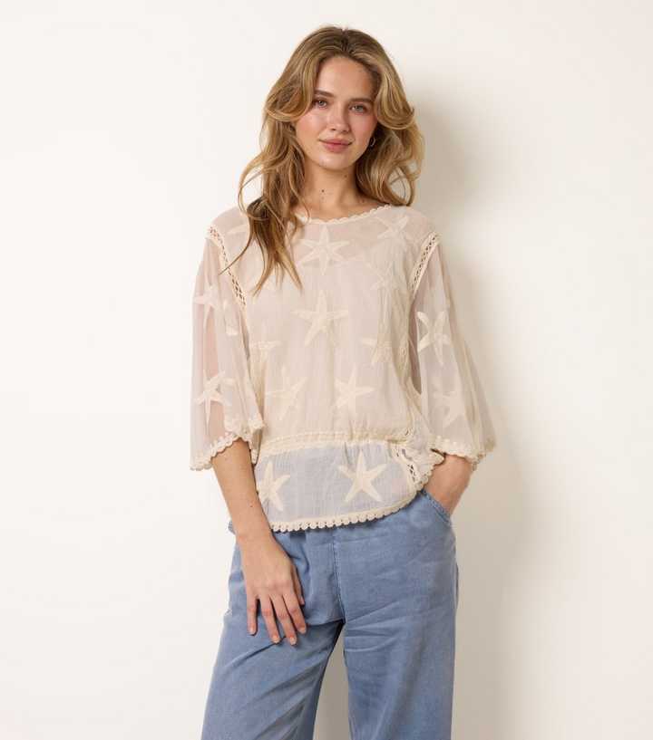 Blue Vanilla Stone Semi Sheer Starfish Embellished Loose Blouse